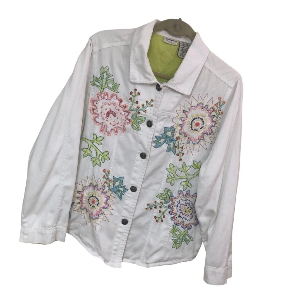 Y2K Denim Jean Jacket Garden Floral Embroidered Boho Grandma Core Retro Women L